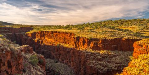 A picture of the Australian outback with orange ravines, white clouds and blue skies. 